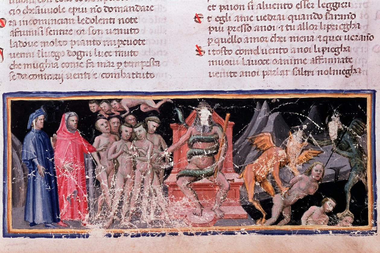 Minos osądza występki i posyła dusze (pieśń 5 piekła, w Boskiej komedii) - miniatura autorstwa Unknown artist