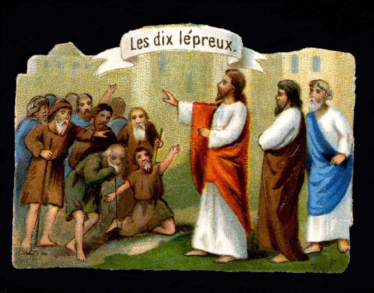 Cuda Jezusa. Chrystus prowadzący trędowatych. XIX-wieczna chromolitografia. autorstwa Unknown artist