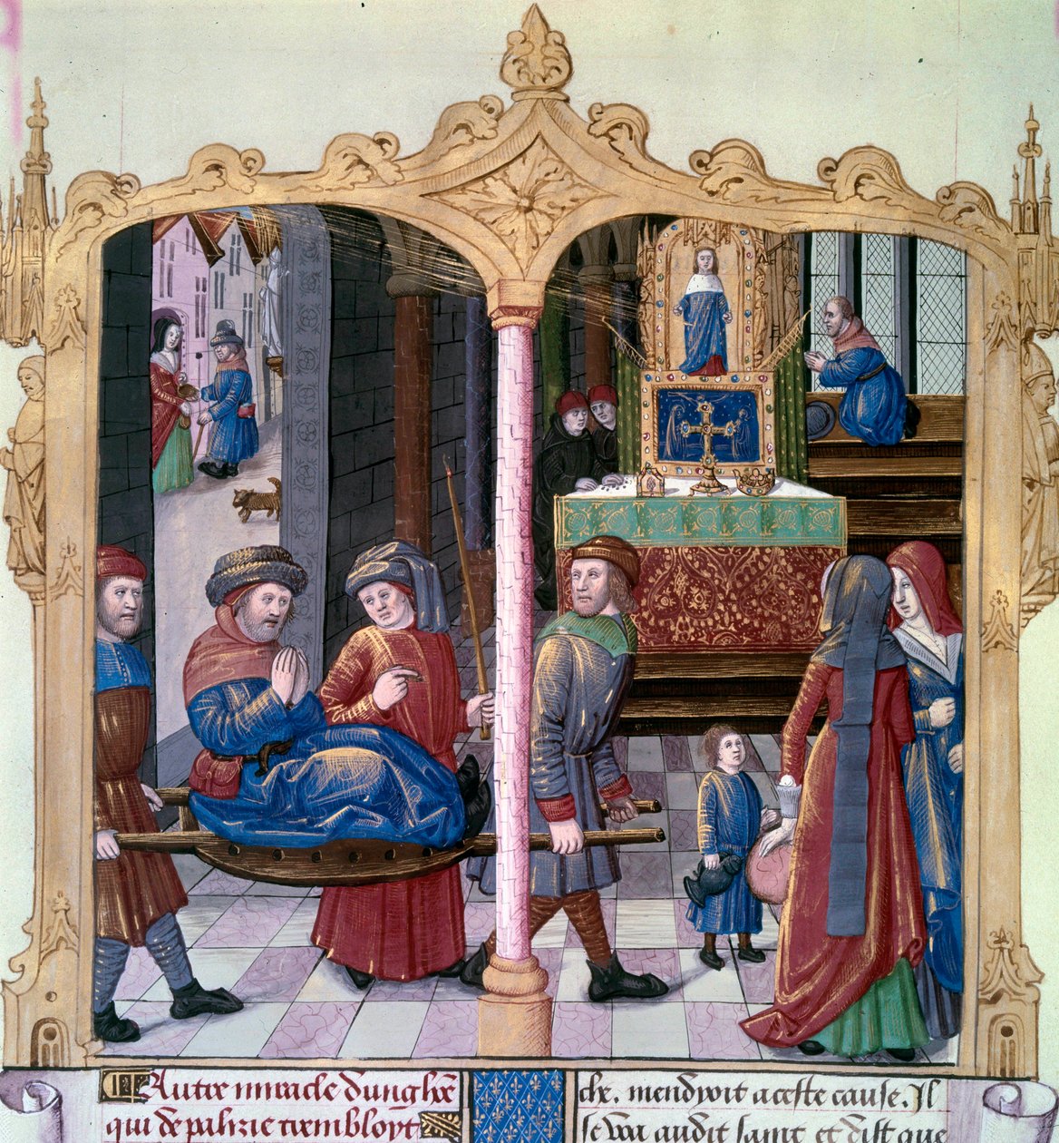 Cuda św. Ludwika: Król Ludwik IX (1214-1270) walczył z paralitykiem. Miniatura z rękopisu „Księga faktów Monsignor Saint Louis” XV wiek. Paryż, B.N autorstwa Unknown artist
