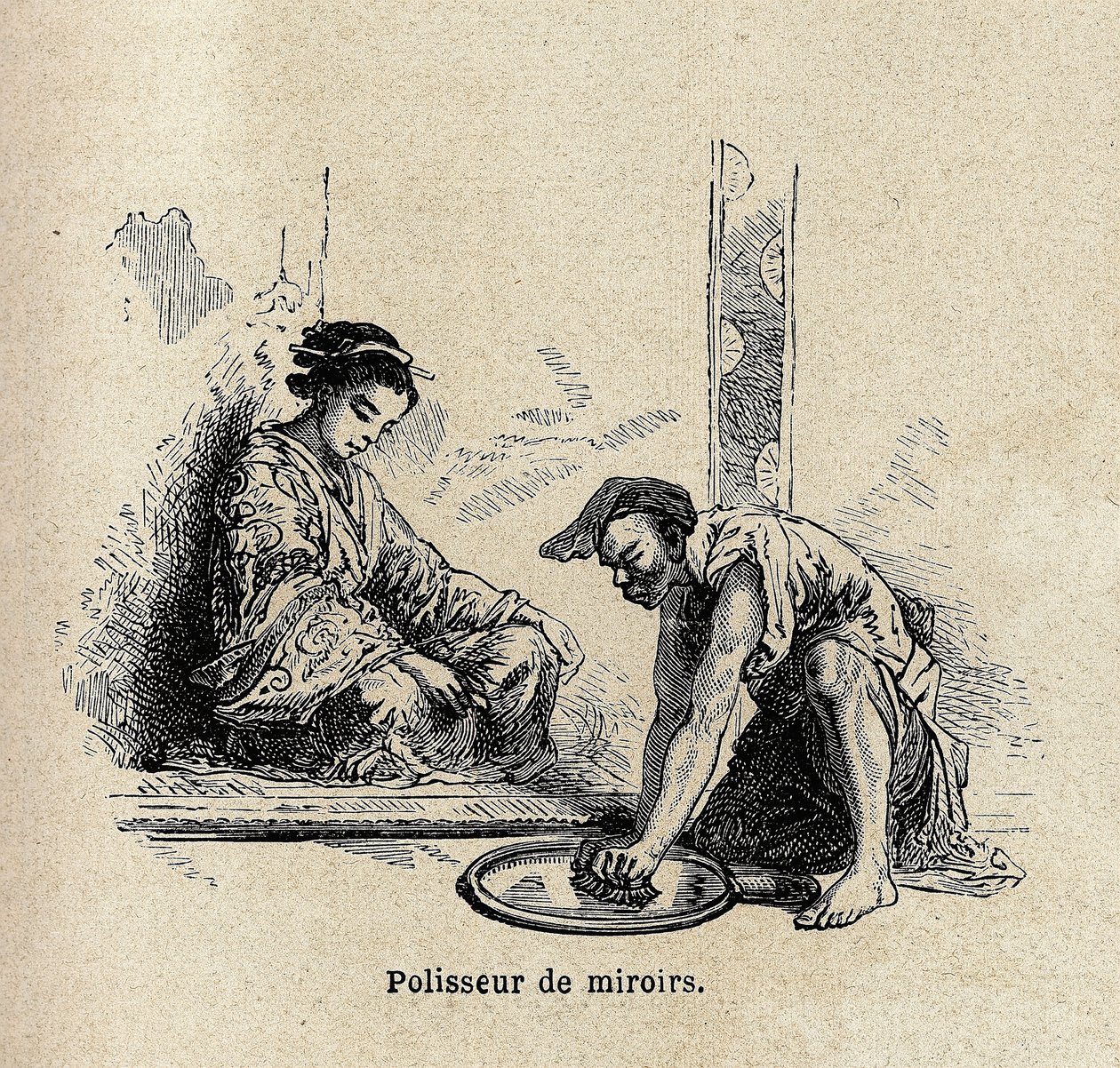 Polerka do luster. Rycina ilustrująca podróż do Japonii w latach 1863-1864, autorstwa Aime Humberta, ministra Konfederacji Szwajcarskiej, w „Le tour du monde, nouveau journal des voyages”, wydanej pod kierunkiem Edouarda Chartona autorstwa Unknown artist