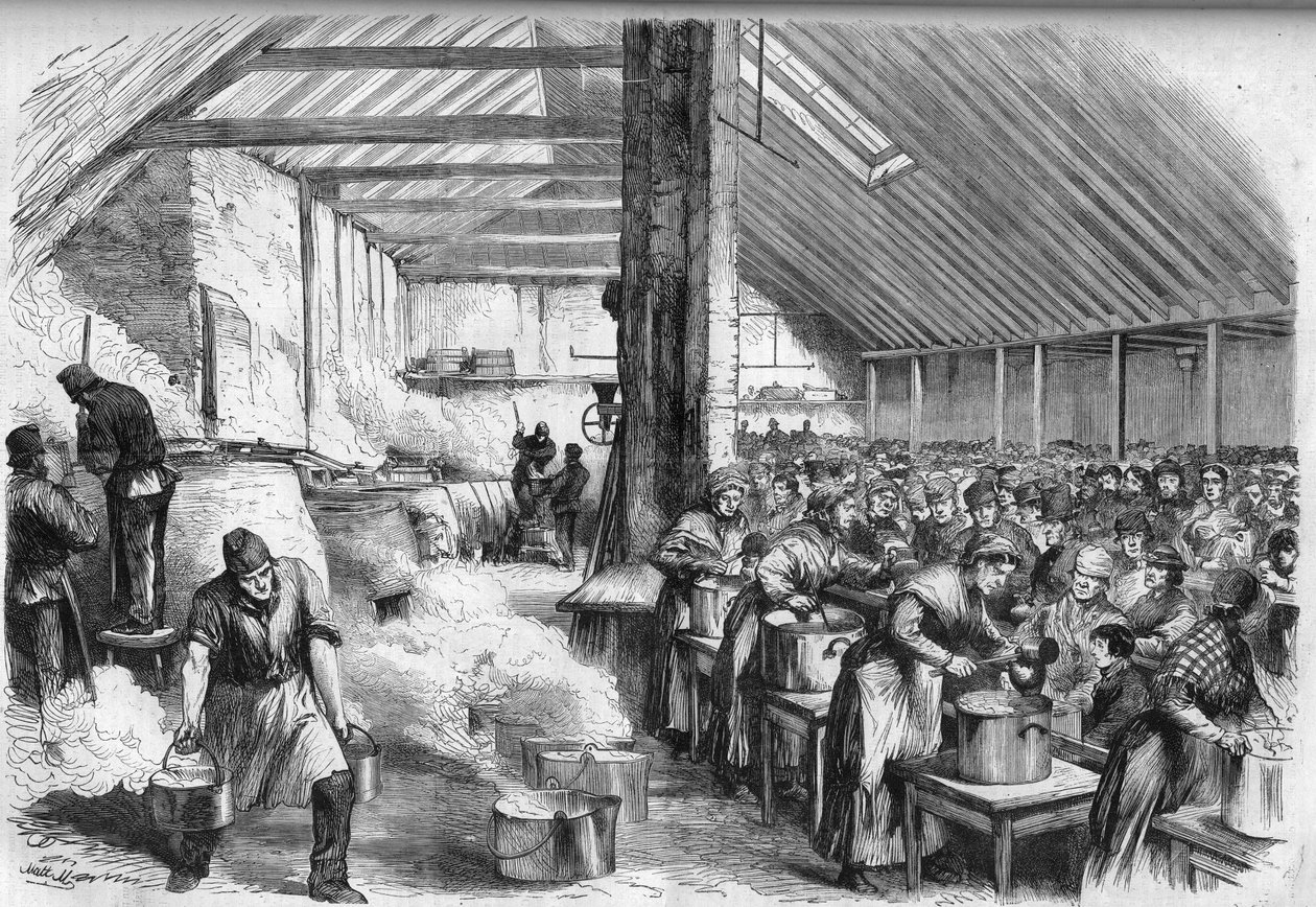 Misere w Londynie: Publiczna dystrybucja żywności dla ubogich w Londynie w Spitalfields. Grawerowanie w „”Wspaniałym wszechświecie”” autorstwa Unknown artist