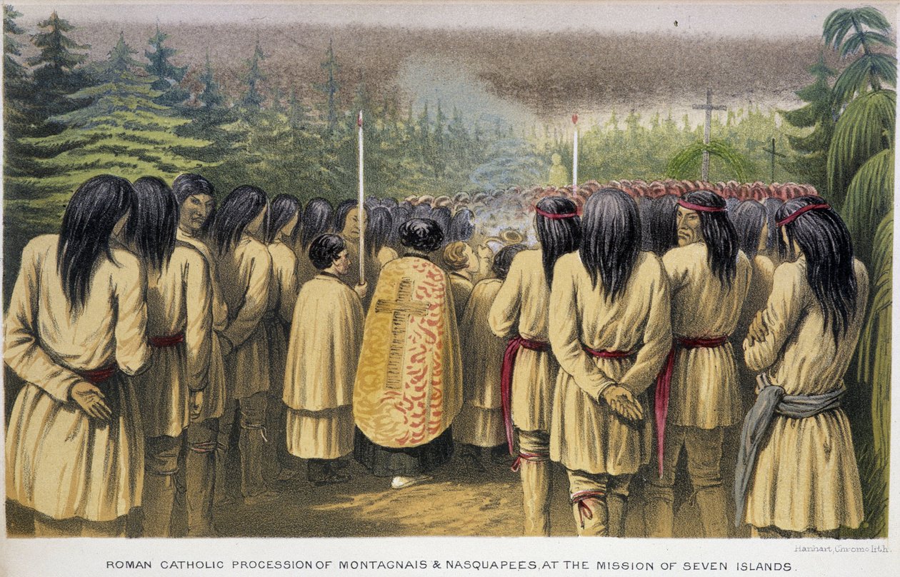 Misja Siedmiu Wysp: Katolicka procesja Montagnais i Nasquapees w Domu Siedmiu Wysp - w „Exploration of the Labrador Peninsula” Hind, Londyn autorstwa Unknown artist