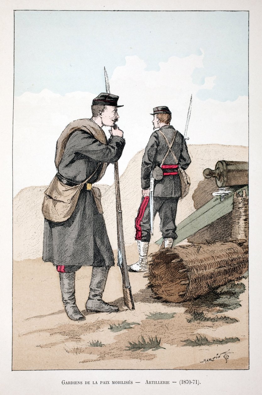 Zmobilizowani żołnierze sił pokojowych (1870-1871). Akwaforta w kolorach, dla ilustracji „Historia korpusu sił pokojowych””” książka wydana pod patronatem Louisa Lepine’a (1846-1933) prefekta policji nad Sekwaną, autorstwa Alfreda Reya (1864-?) i Louisa Fe autorstwa Unknown artist