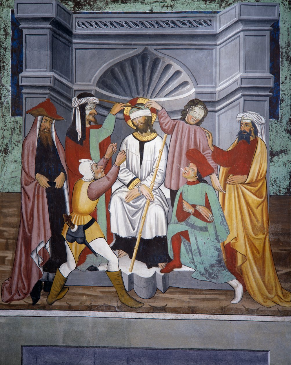 Naśmiewanie się z Chrystusa, Życie Chrystusa (XV w.), freski, kaplica św. Sebastiana, Villard-de-Lans, Rodan-Alpy, Francja. autorstwa Unknown artist