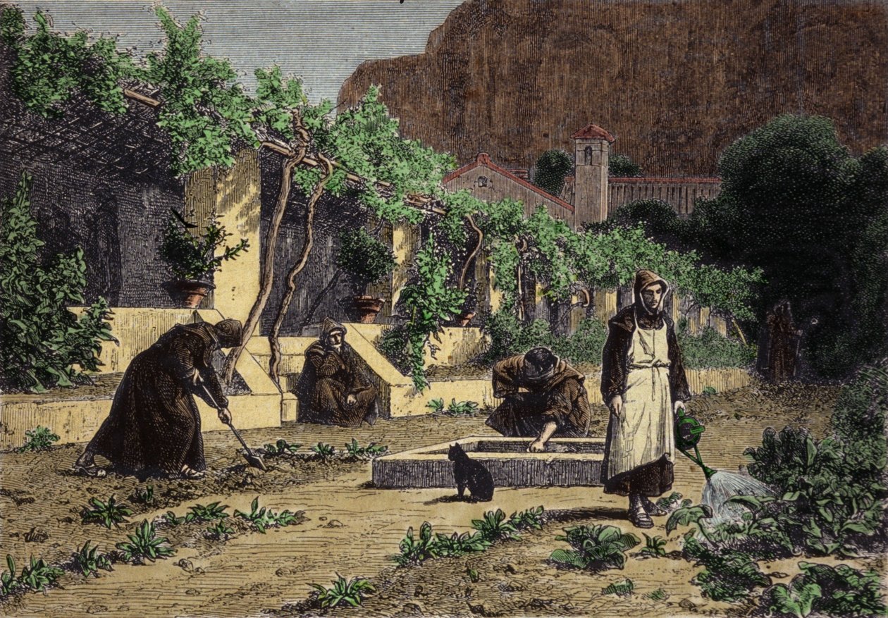 Klasztorny ogród warzywny: ogród mnichów do uprawy warzyw w ich ogrodzie. Rycina XIX wieku autorstwa Unknown artist