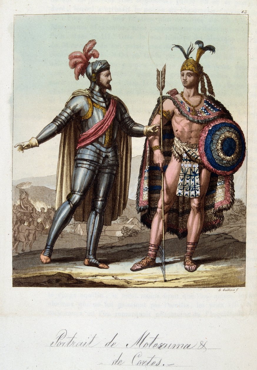 Montezuma II, król Azteków i Hernan (lub Hernando) Cortes lub Fernand Cortez (1485-1547), hiszpański konkwistador - w „Stary i współczesny kostium” Ferrario, wyd. Mediolan autorstwa Unknown artist