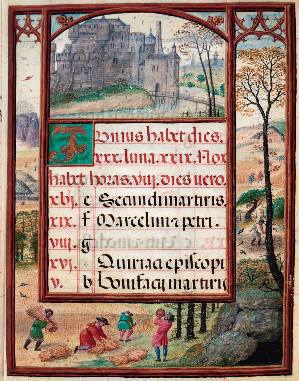 Miesiąc czerwiec: krajobraz i żniwa. Chłopi w pracy. Strona rękopisu „Księga godzin” Manuela I Portugalii (1469-1521) 1517. Lizbona, Museo di Arte Antica autorstwa Unknown artist