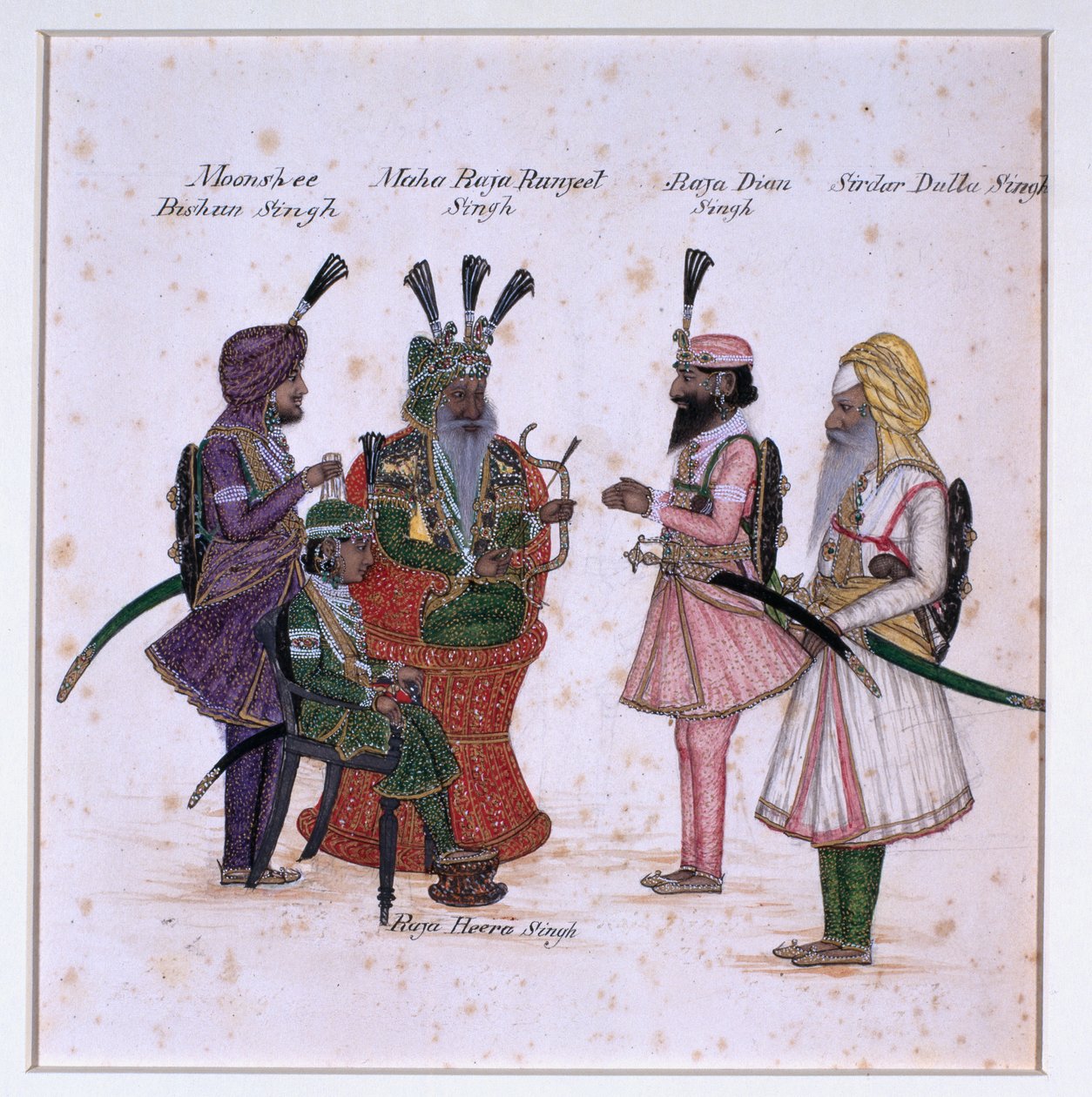 „Moonshee Bishun Singh, Maha Raja Ranjeet Singh, Raja Dian Singh, Sirdar Dulla Singh” autorstwa Unknown artist