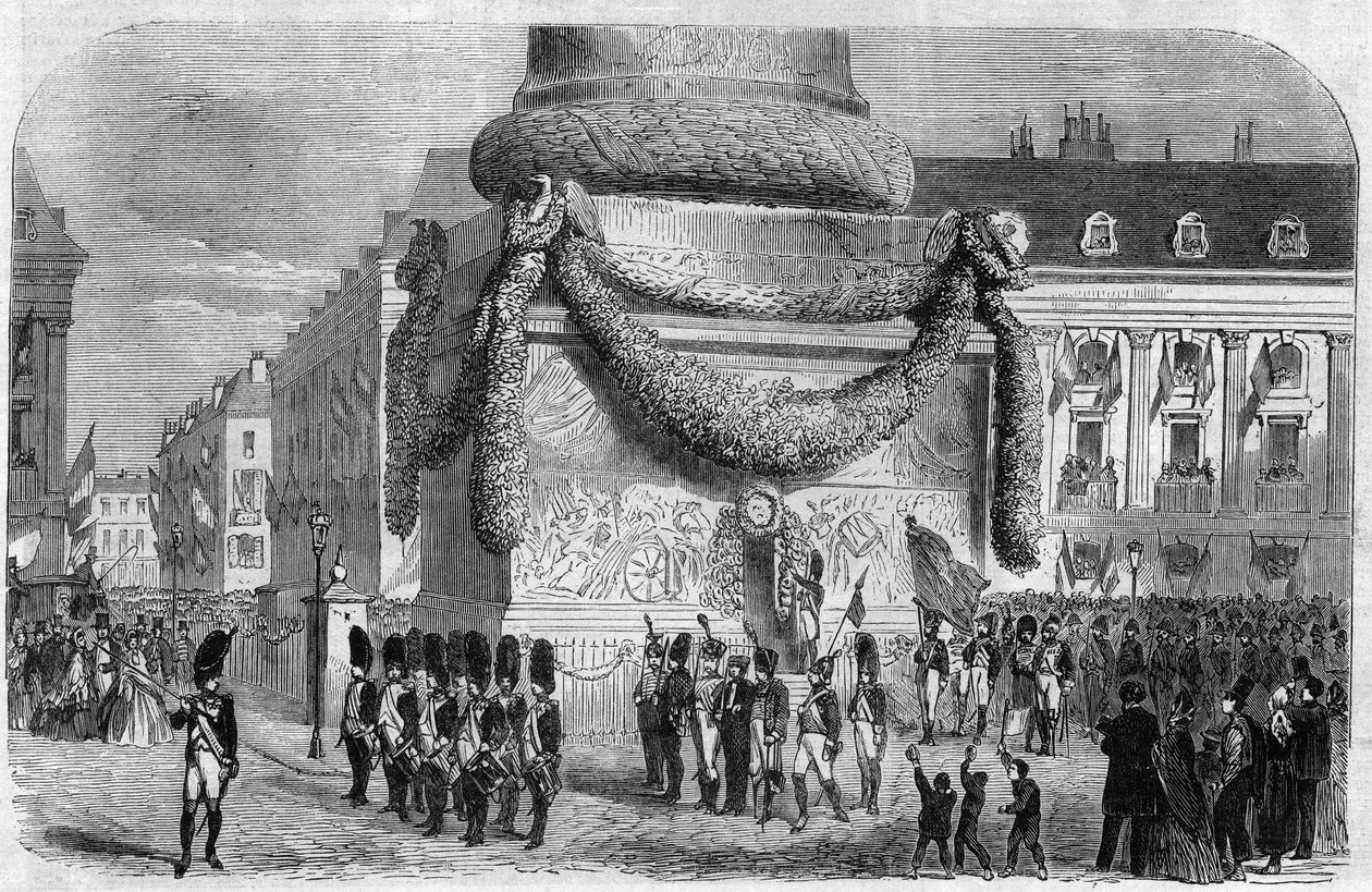 Poranek festynu narodowego 15 sierpnia 1864 r. u stóp kolumny Placu Vendome w Paryżu. Grawerowanie w „Wspaniałym Wszechświecie” autorstwa Unknown artist