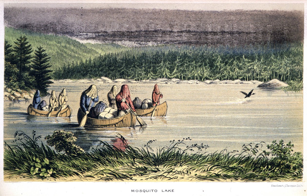 Mosquito Lake w Kanadzie: Indianie płyną kajakiem po jeziorze z moskitierami na głowie – w „Exploration of the Labrador Peninsula” Hind, Londyn autorstwa Unknown artist