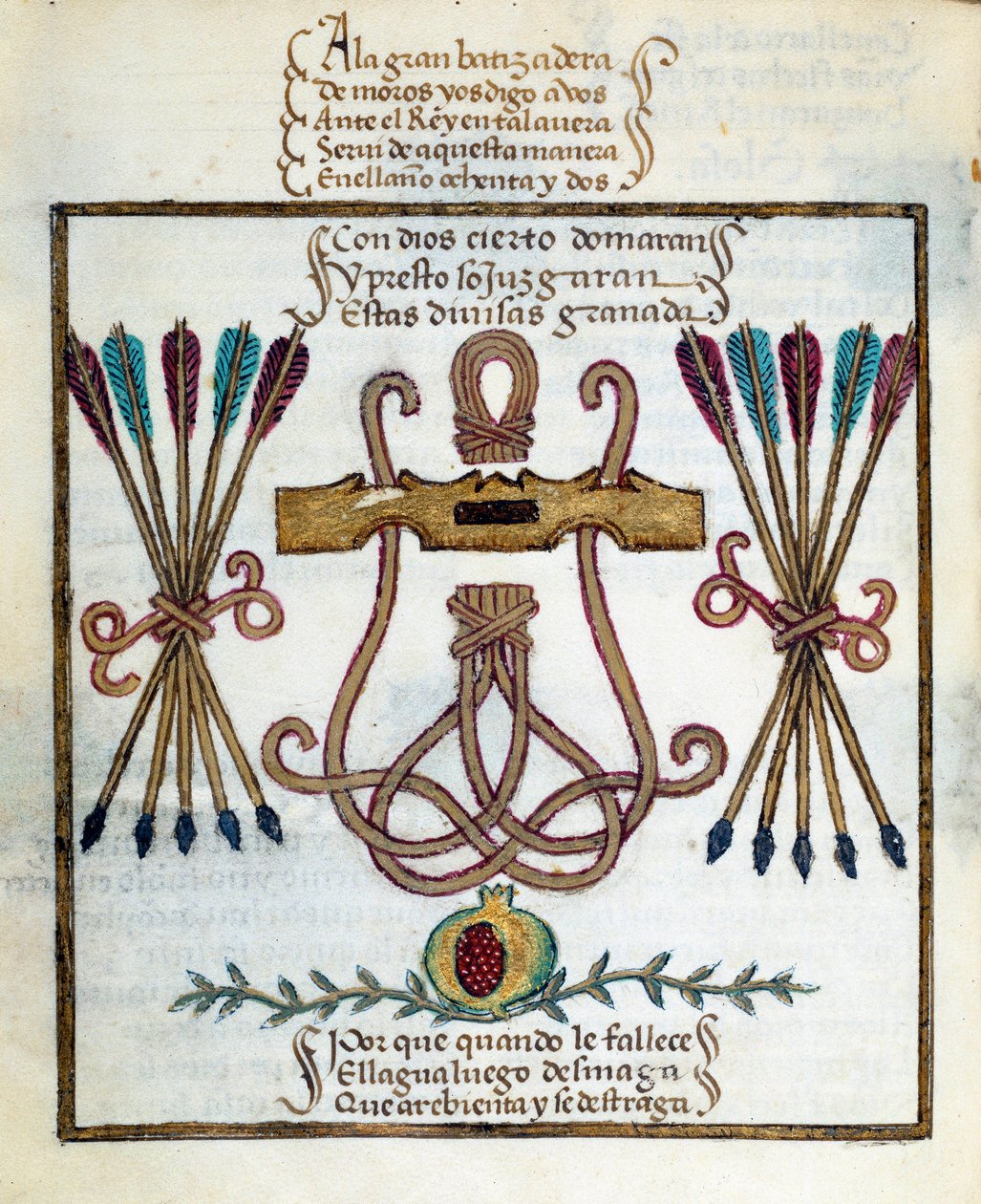 Motto królów katolickich. Godło królów katolickich. Miniatura w „”Devotorio de la Reyna Da Juana, którego nazwali La Loca”” Pedro Marcuello autorstwa Unknown artist