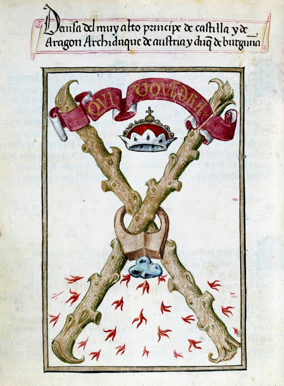 Motto książąt Burgundii. Strona rękopisu zaczerpnięta z „”Zbioru kultu królowej Joanny Folle (1479-1555) Hiszpanii”” Pedro Marcuello („Nabożeństwo do królowej Da Juany zwanej Wariatką”) XV-wieczny Chantilly, Musee Conde autorstwa Unknown artist