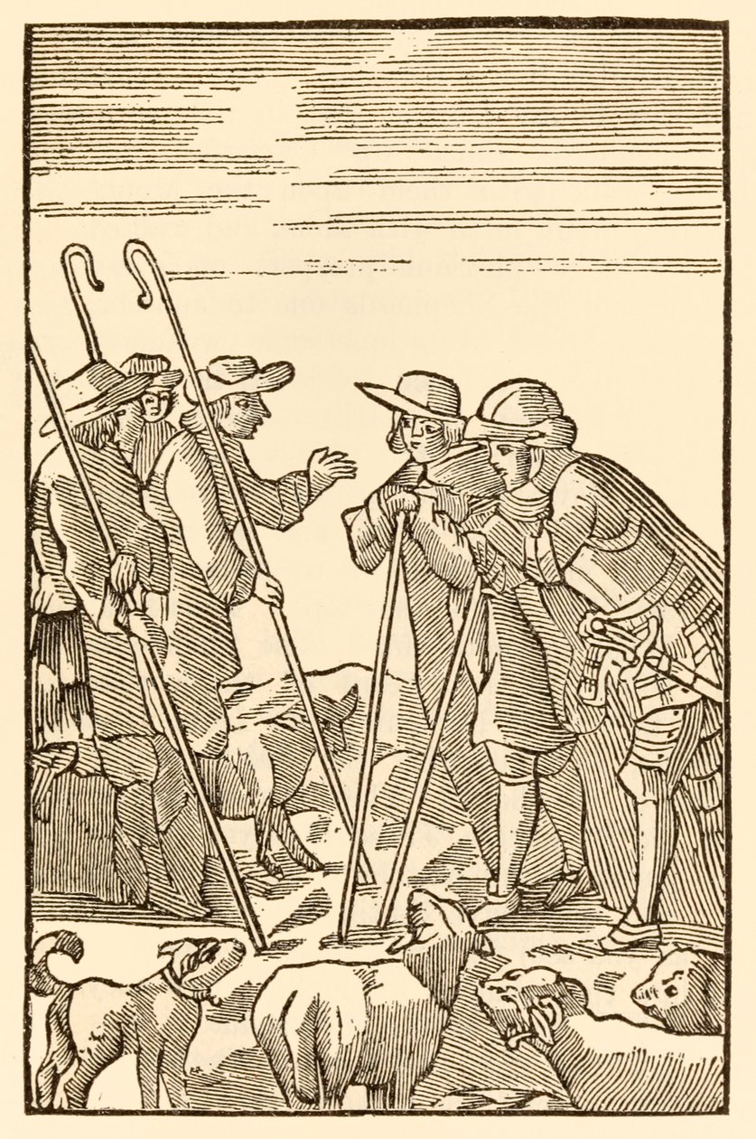 Mountain Delectable teraz wznoszą się z The Pielgrzym Postępu z tego świata, do tego, który ma nadejść John Bunyan (1628-1688) Chrześcijanie i pełni nadziei spotykają Pasterzy: Wiedza, Doświadczenie, Wat autorstwa Unknown