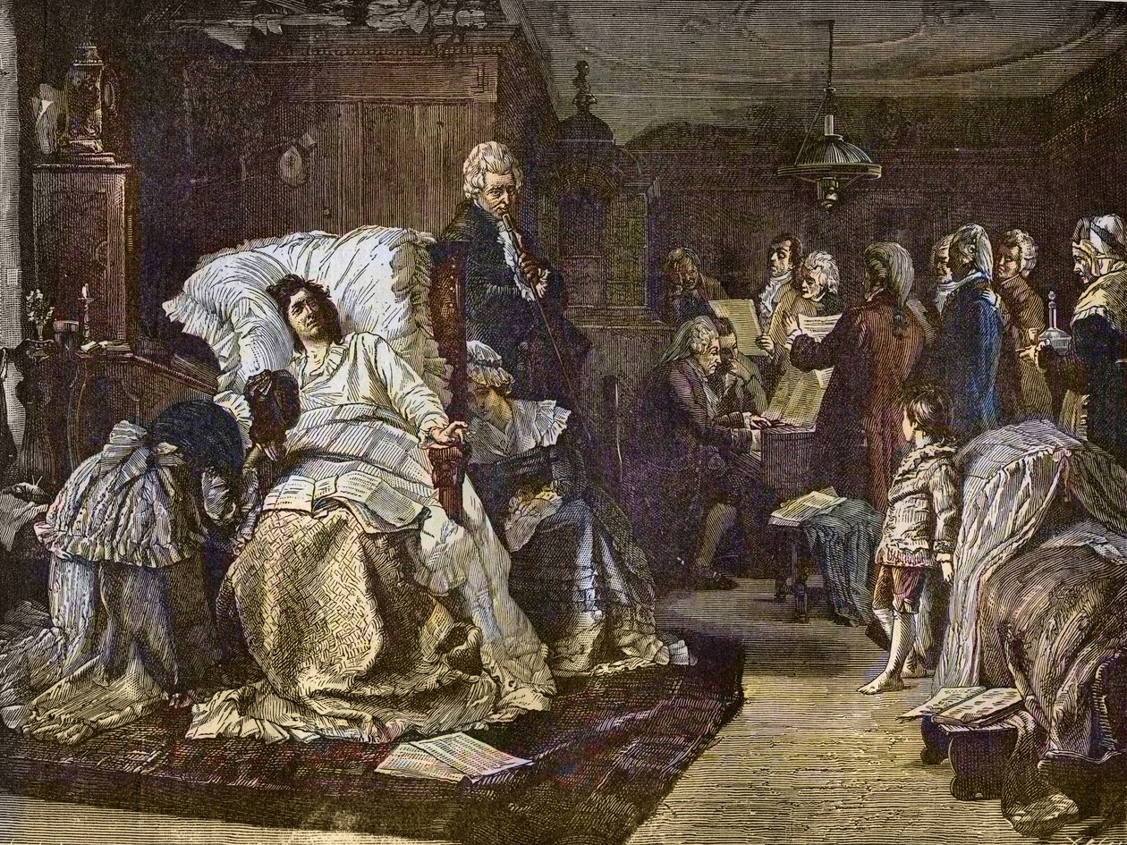 Ostatnie dni Mozarta po namalowaniu Hermanna Kaulbacha (1846-1909) - Gli ultimi momenti di Mozart - ostatni dzień Wolfganga Amadeusza Mozarta - grawerowanie w słynnym tygodniku „Muzyka popularna”” - 1882 autorstwa Unknown artist