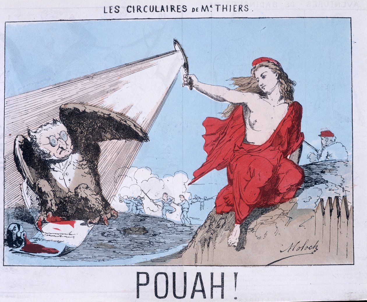 Ulotki pana Thiersa - Pouah! : Karykatura Thiersa w Sowie i Marianne (La commune) oświetla go. autorstwa Unknown artist