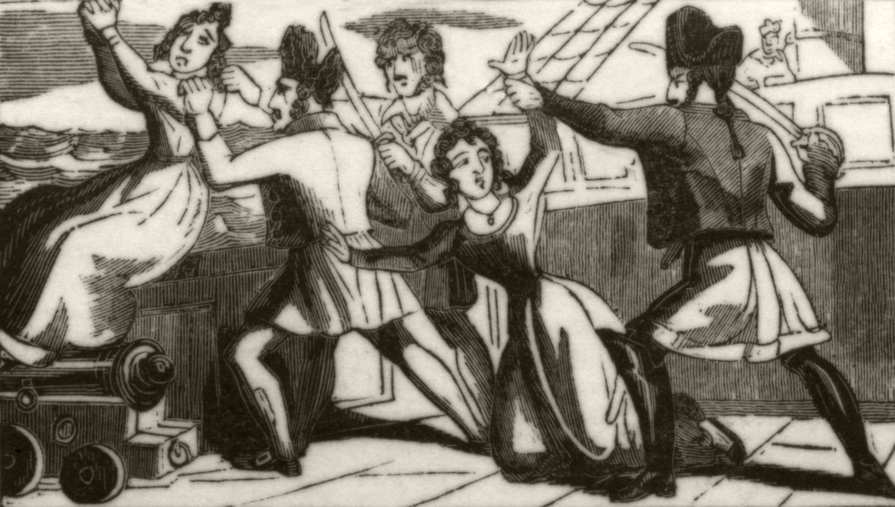 „Pani Glass i jej córka błagają piratów o ratowanie życia”, ok. 1836 r. autorstwa Unknown artist