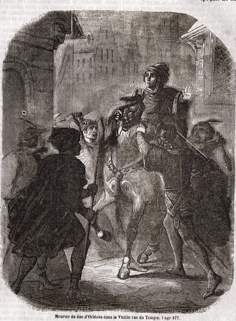 Morderstwo Ludwika I Walezego, księcia Orleanu (1372 - 1407) w Starej Rue du Temple autorstwa Jean Sans Ppeur - w „Histoire de France” L.-P. Anquetil autorstwa Unknown artist