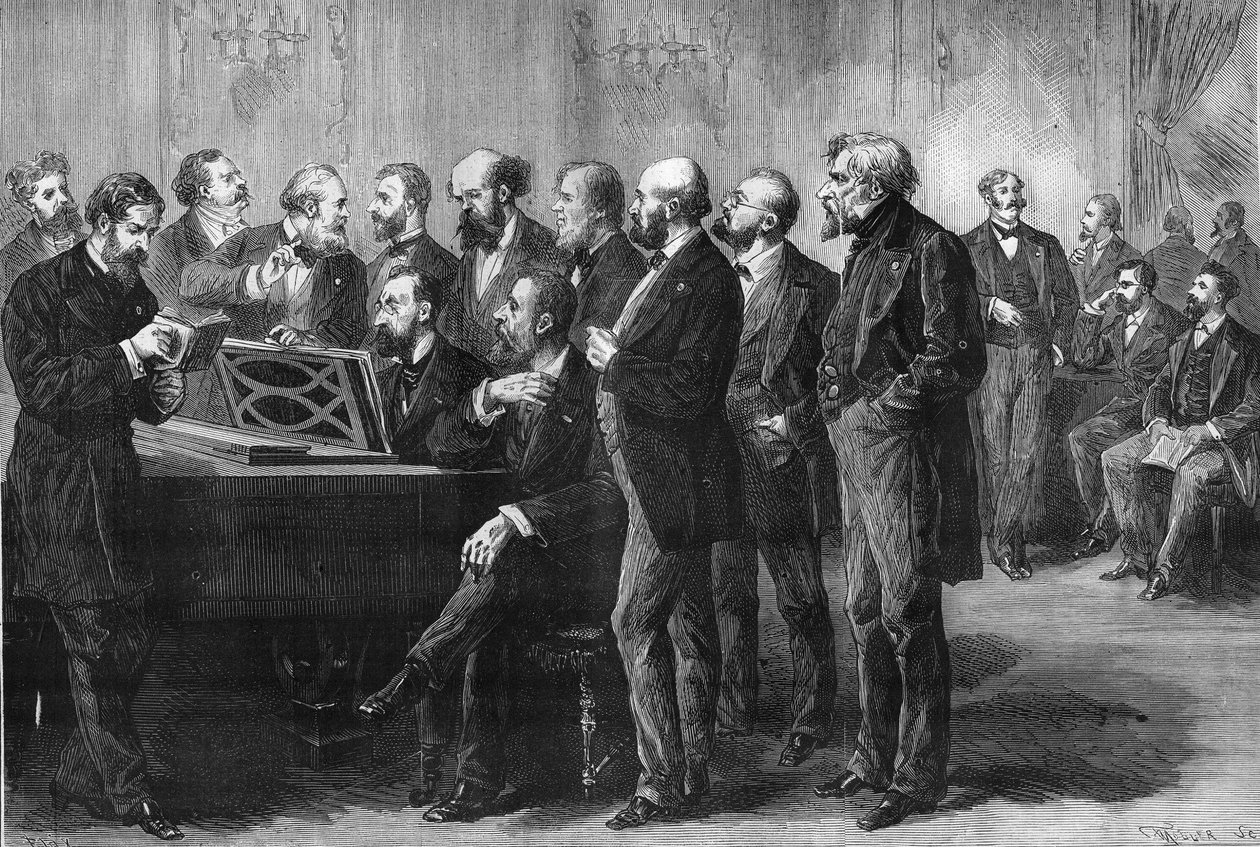 Konkurs muzyczny miasta Paryża w 1878 r. Jury w Palais du Luxemburg rozpatruje partytury „Pardis utraconego” i „Kubka”. Od lewej do prawej: Column, Perrin, Cherouvrier, Gounod, Boulanger, Camille Saint Saens (Saint-Saens), Lenepveu, vaucorbe autorstwa Unknown artist