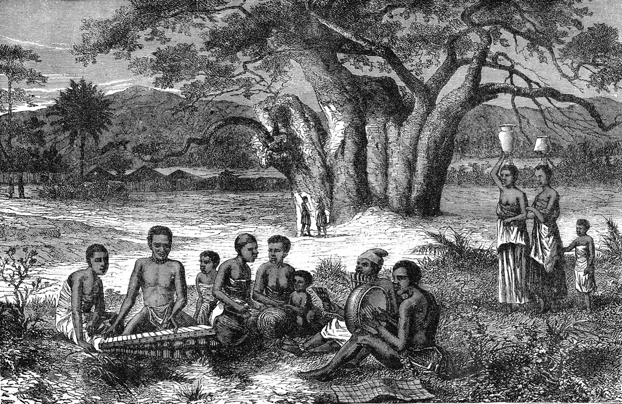 Muzycy z brzegów rzeki Zambezi w Afryce. Grawerowanie 1885 autorstwa Unknown artist