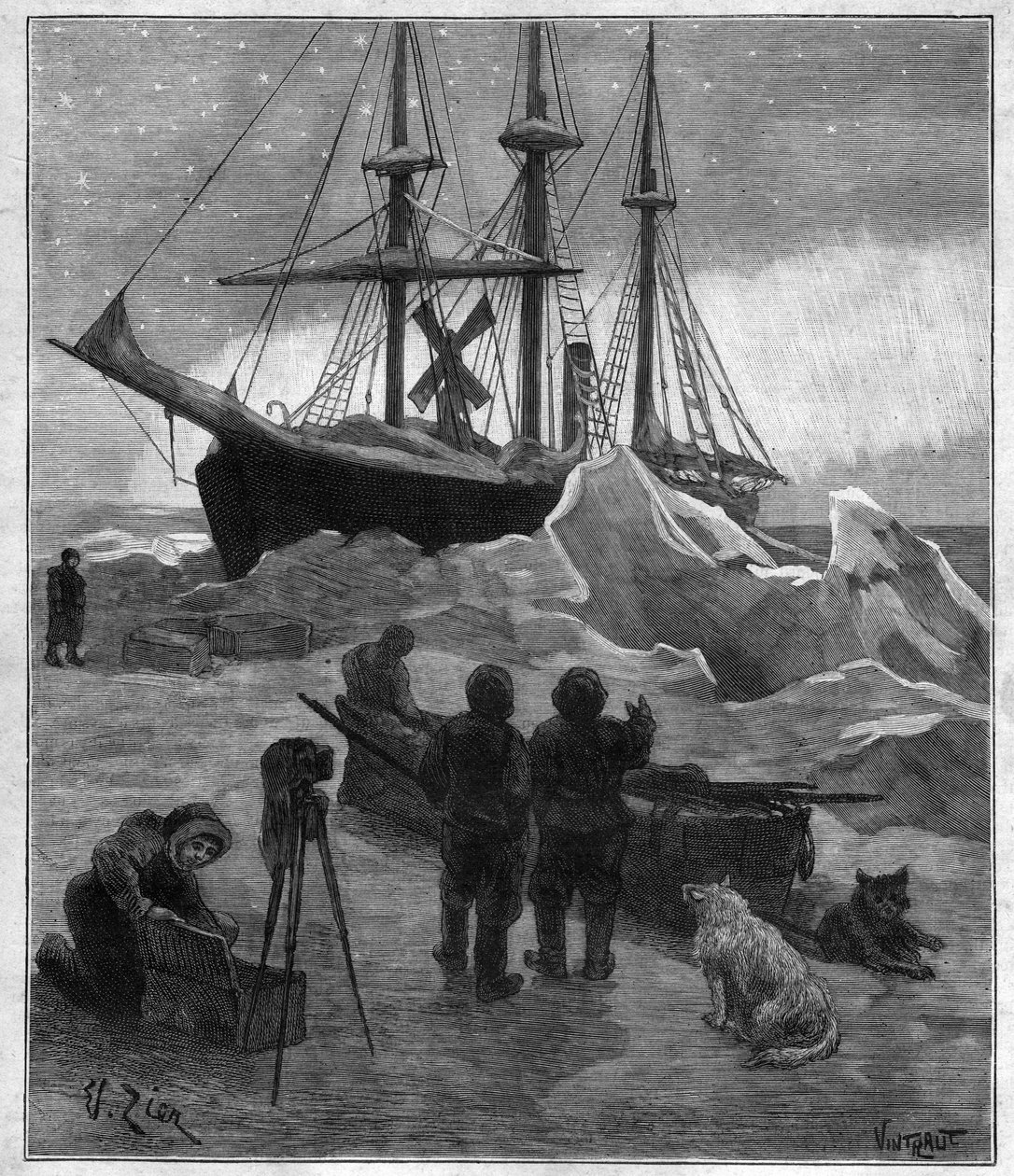 Statek polarny Nansena Fram uwięziony w lodzie - grawerunek z Raportu ekspedycji Fram z lat 1893-1896, autorstwa Fridtjofa Nansena (1861-1930). autorstwa Unknown artist