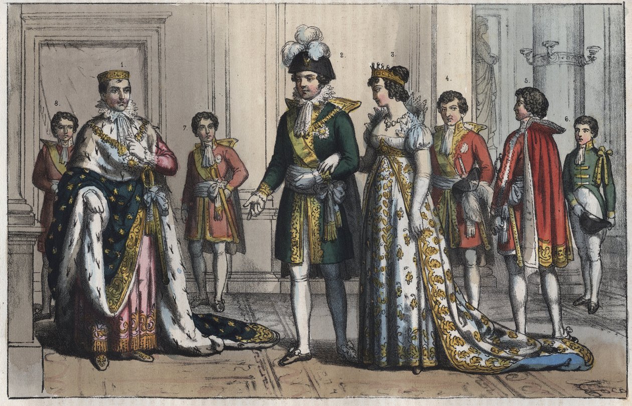 Napoleon Bonaparte (1769-1821), jako król Włoch - Wicekról (wicekról) - żona wicekróla - Butler - Lord Szambelan - Page-boy - koniuszy - mistrz ceremonii - grawer z "" Zwyczaje i zwyczaje wszystkich narodów wszechświata. Albo Historia Rządu, autorstwa Unknown artist