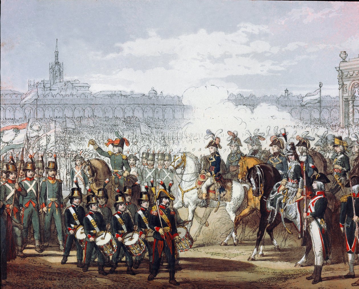 Napoleon Bonaparte (1769-1821) dokonuje przeglądu lombardzkiego i cyspadańskiego legionu milicji w dniu 07.09.1797 r. Grawerowanie akwarelowe. Mediolan, Museo del Risorgimento autorstwa Unknown artist