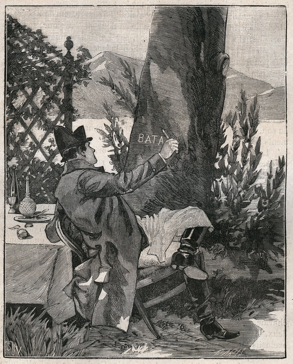 Napoleon Bonaparte (1769-1821) napisał słowo „Battaglia” na pniu drzewa laurowego na wyspie Isola Bella na jeziorze Maggiore (Lago Maggiore), trzy dni przed bitwą pod Marengo w 1800 roku. Rycina z 1885 roku w „” Les arts et metiers illustres” autorstwa Unknown artist