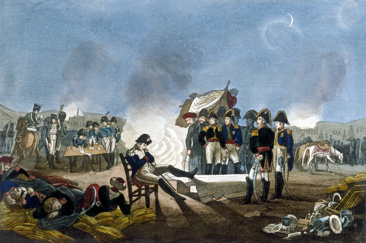 Napoleon I Bonaparte śpiący na biwaku w przeddzień bitwy pod Austerlitz 1 grudnia 1805 roku. autorstwa Unknown artist