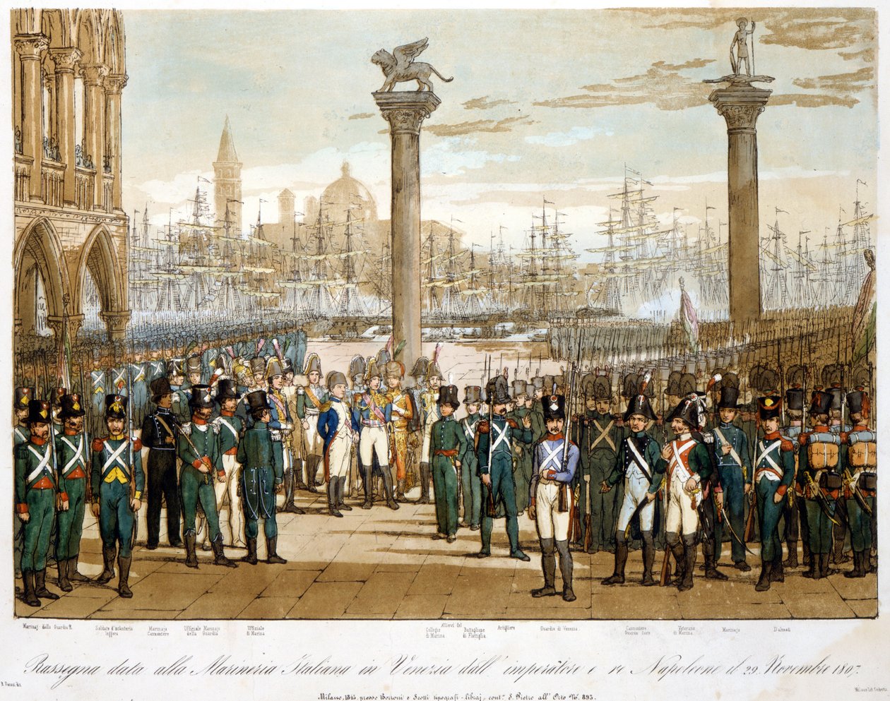 Napoleona I w Wenecji 29 listopada 1807 r. przed włoską marynarką wojenną. Rycina z 1845 r. autorstwa Unknown artist