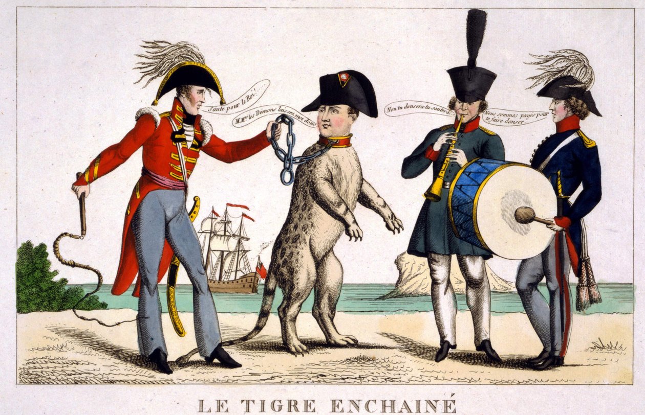 Napoleon I w przykutym tygrysie, trzymanym batem przez brytyjskiego oficera. Rosja i Austria grają muzykę obok. Kreskówka 1815. autorstwa Unknown artist