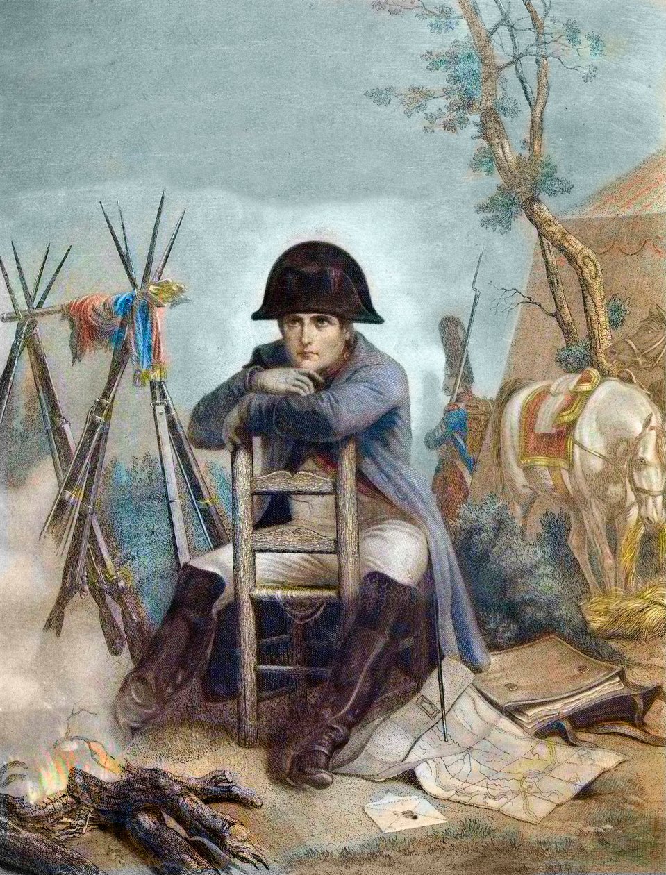 Napoleon na biwaku w przeddzień bitwy pod Austerlitz - grawer autorstwa Philippoteaux - Napoleon na biwaku. Bitwa pod Austerlitz (1805), znana również jako Bitwa Trzech Cesarzy autorstwa Unknown artist