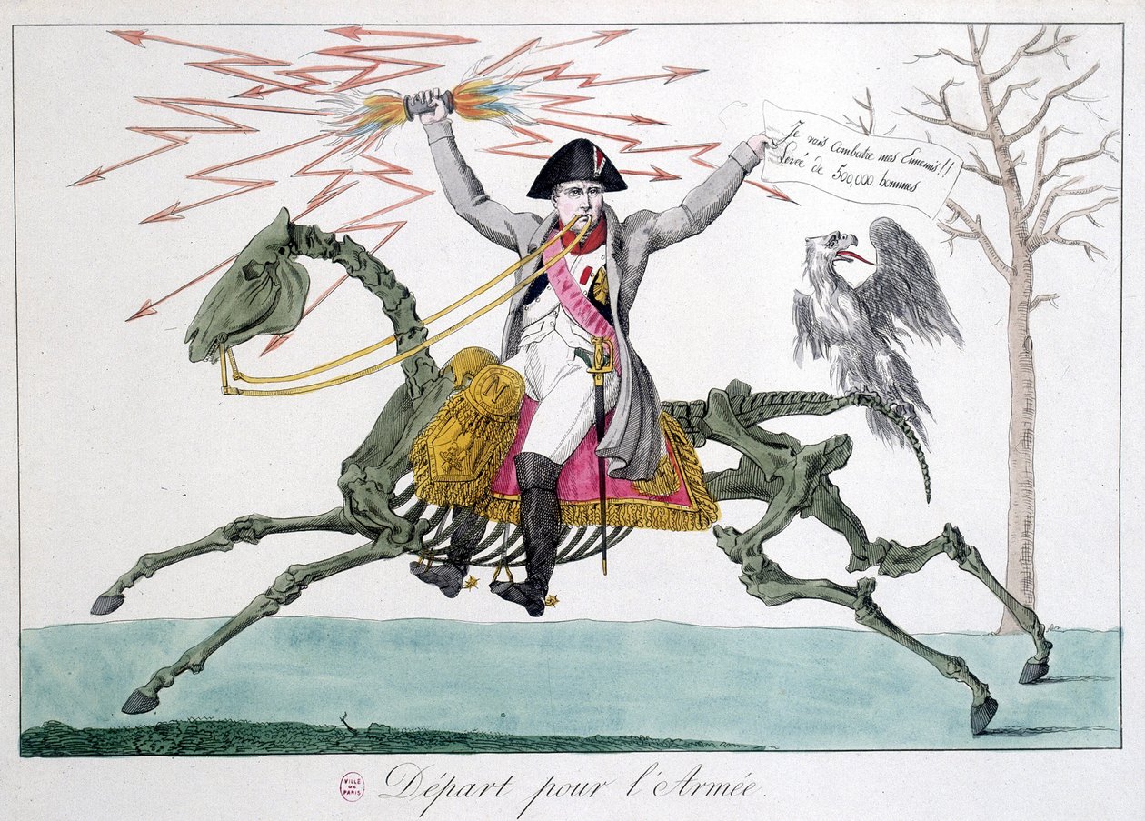 Napoleon: karykatura wojownika na szkielecie konia - w „”Napoleon 1er””, kolekcja karykatur autorstwa Unknown artist