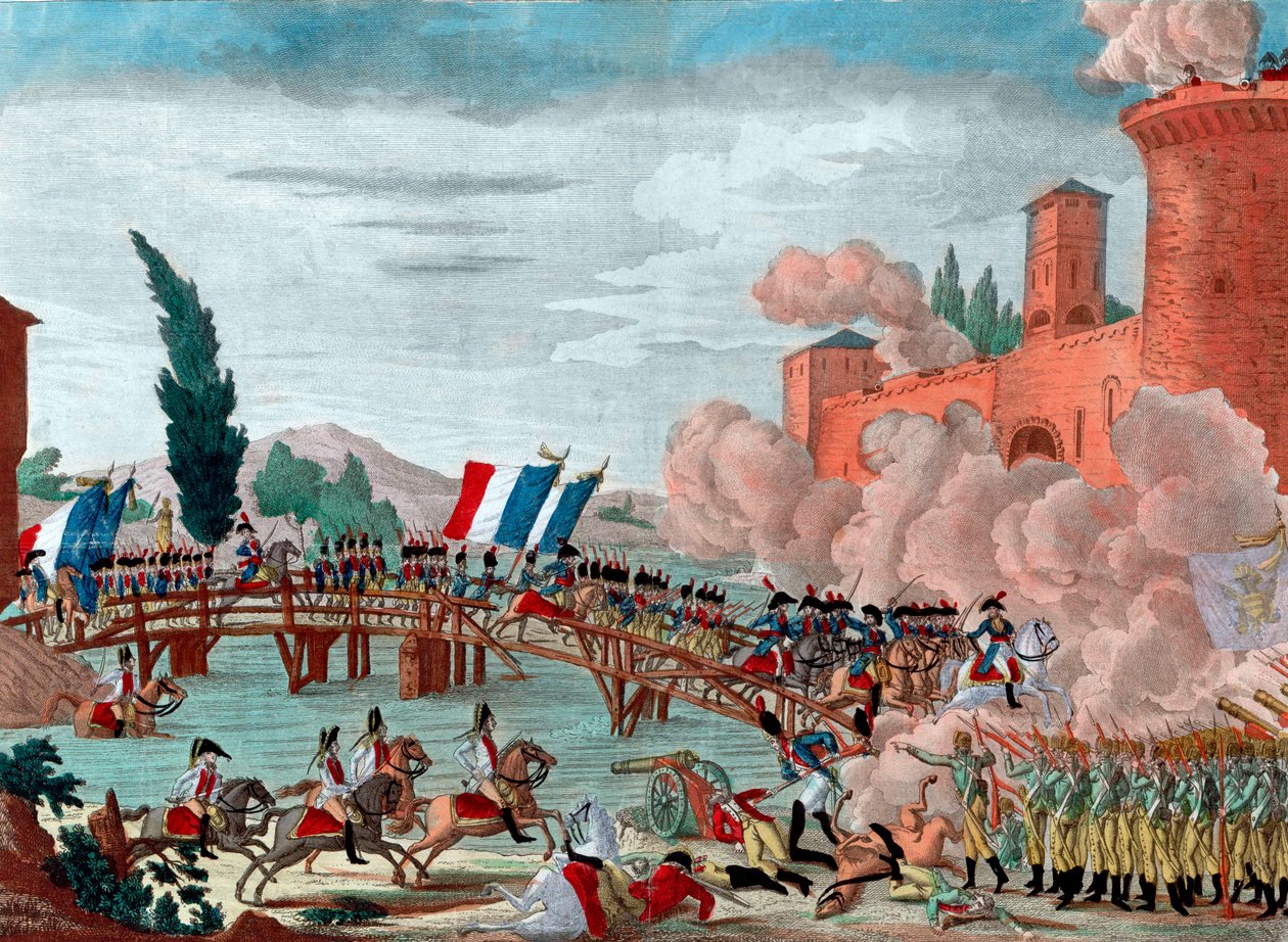 Napoleon prowadzący swoją armię przez most w Lodi - Napoleon podczas bitwy i przejścia przez most Lodi w 1796 r. - Przejście mostu Lodi we Włoszech przez Armię Republikańską-Francuską na zlecenie generała naczelnego Napoleona Bonaparte - autorstwa Unknown artist