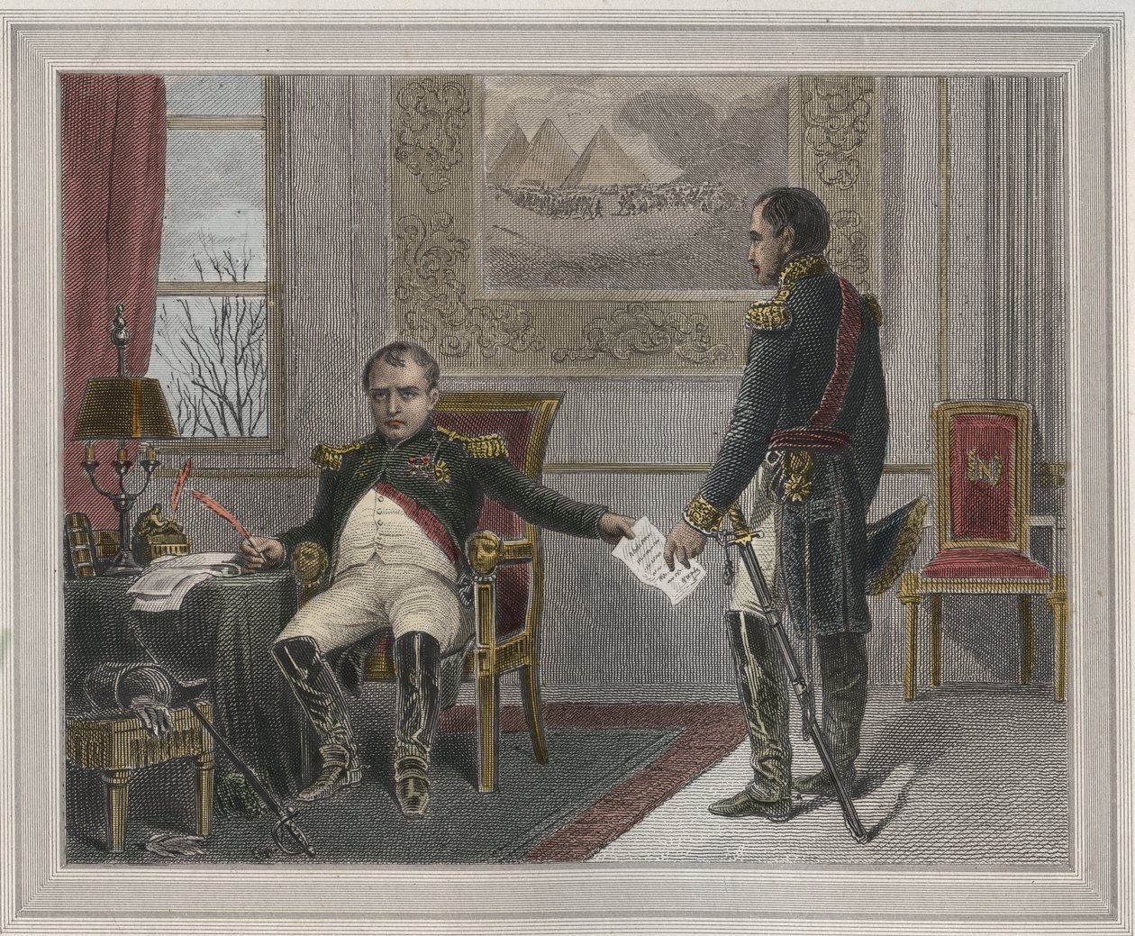 Napoleon podpisujący swoją abdykację 1814 - Napoleon Bonaparte (1769-1821) w Fontainebleau podczas swojej pierwszej abdykacji, podpisany w kwietniu 1814 r. Rycina w „Les Fastes Populaires, ou Histoire des act heroiques du peuple et de son influence sur les autorstwa Unknown artist