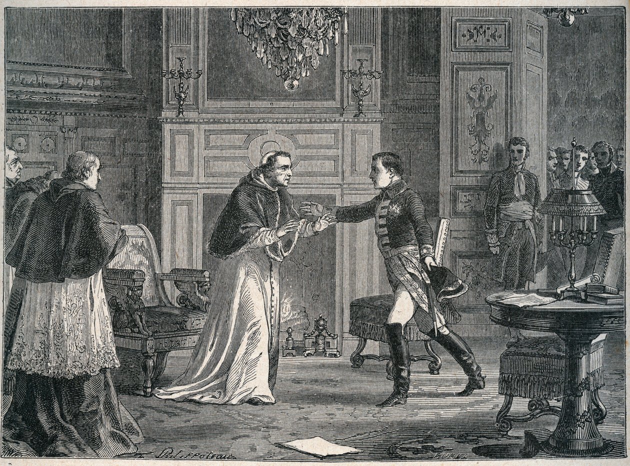 Napoleon odwiedzający papieża Piusa VII w Fontainebleau 1804 - Wizyta Napoleona I u papieża Piusa VII a Fontainebleau 1804 autorstwa Unknown artist