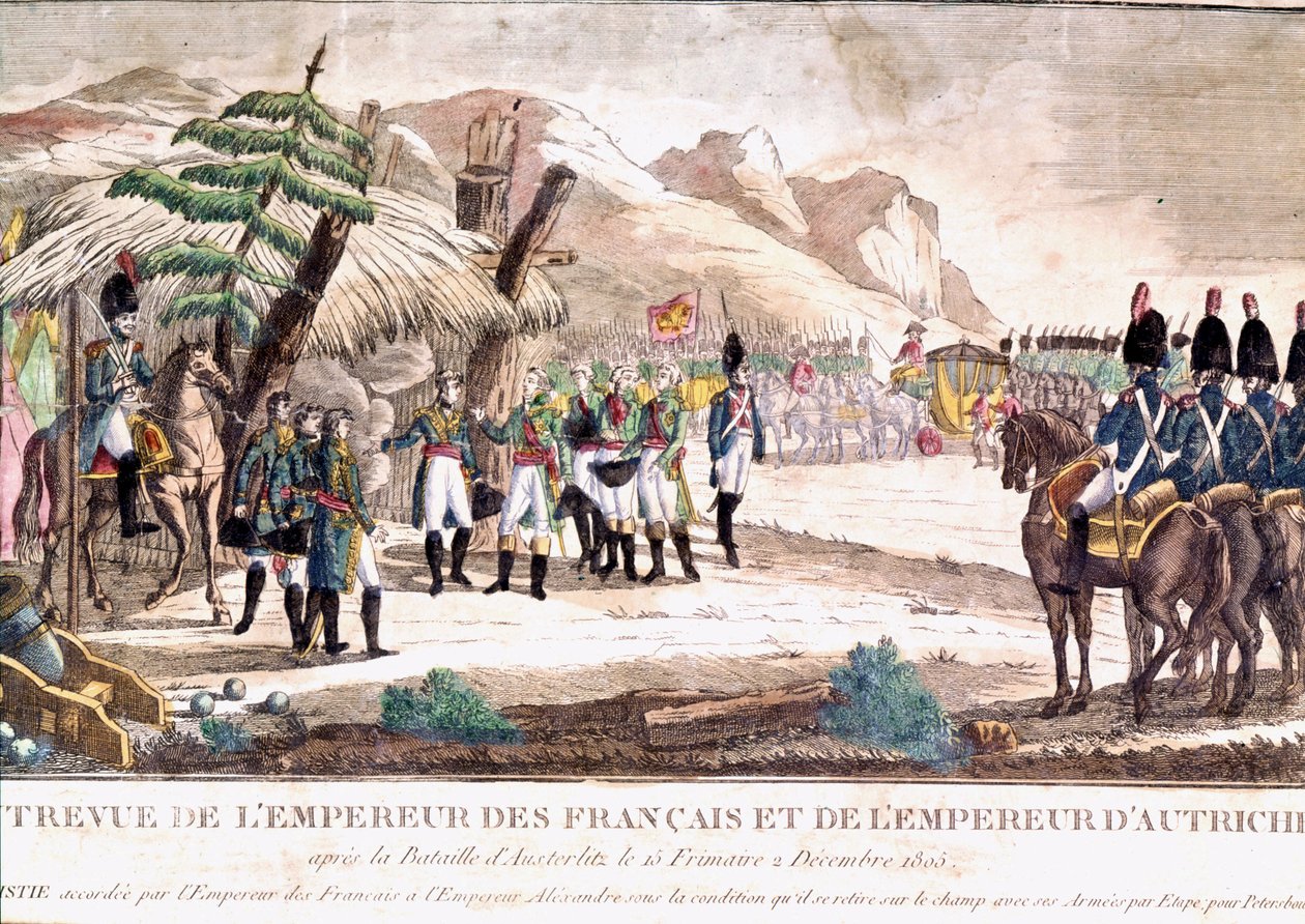 Wojna napoleońska: Napoleon I spotyka cesarza Francois II po bitwie pod Austerlitz w dniu 2.12.1805. Rycina XIX wieku. autorstwa Unknown artist