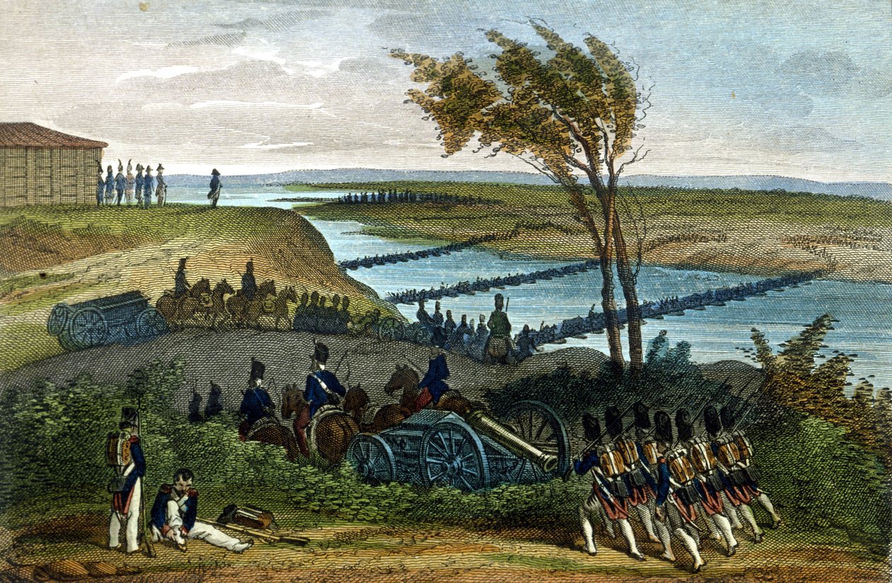 Wojna napoleońska: kampania rosyjska. Przejście rzeki Niemen (Dnjemen) w dniu 24.06.1812 r., która rozdziela oba imperia. Rycina XIX wieku. autorstwa Unknown artist