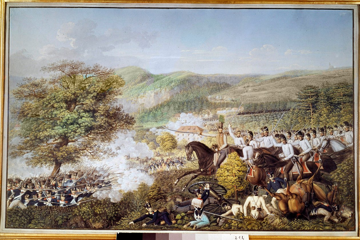 Wojna napoleońska: „Piechota francuska przeciwko kawalerii pruskiej” Anonimowa akwarela. 1813 Berlin, muzeum historyczne autorstwa Unknown artist
