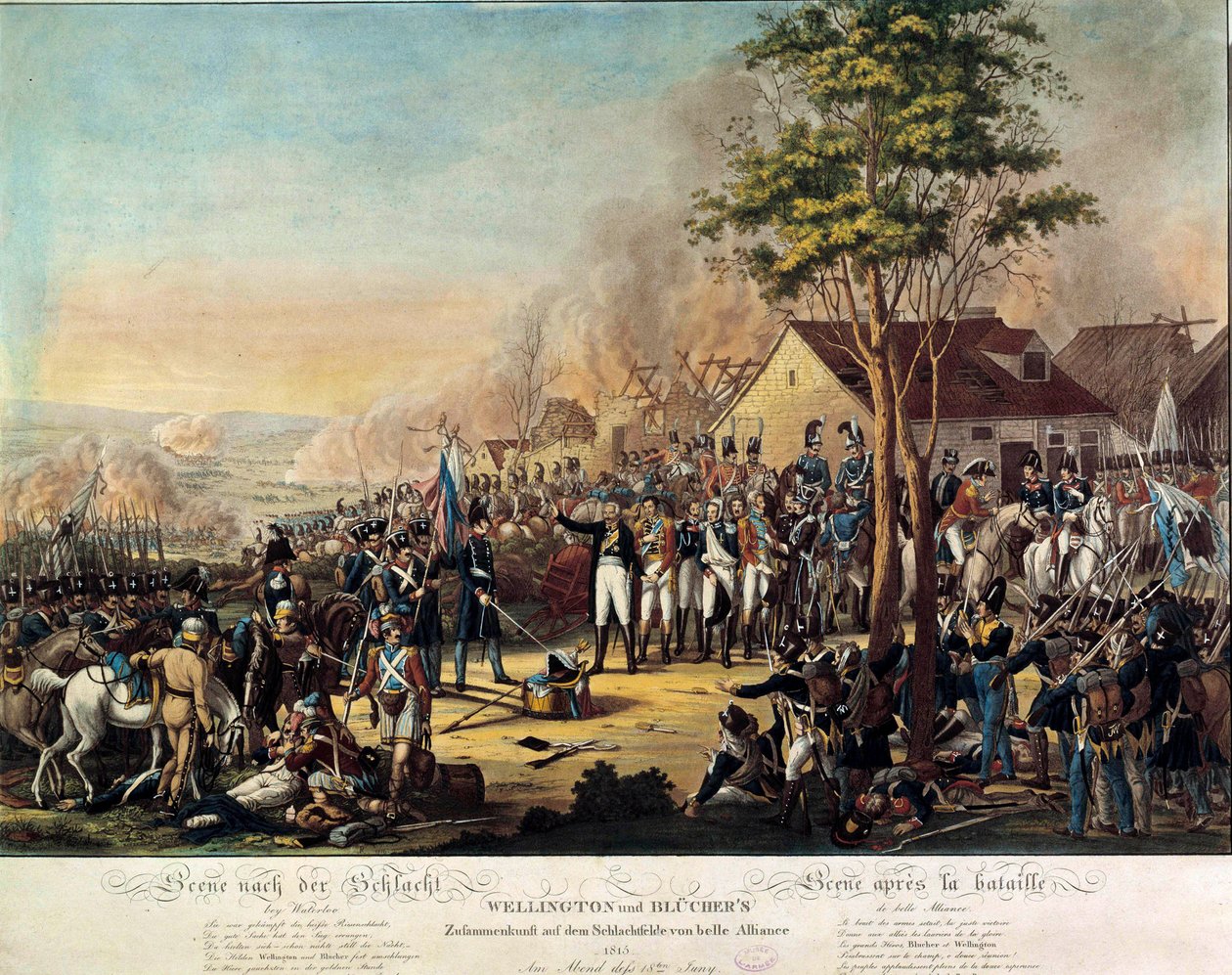 Wojny napoleońskie: Bitwa sojuszu Belle lub Waterloo wygrana 18.06.1815 przez siły zbrojne pod rozkazami Artura Wellesleya, księcia Wellington (1769-1852) i księcia Bluchera autorstwa Unknown artist