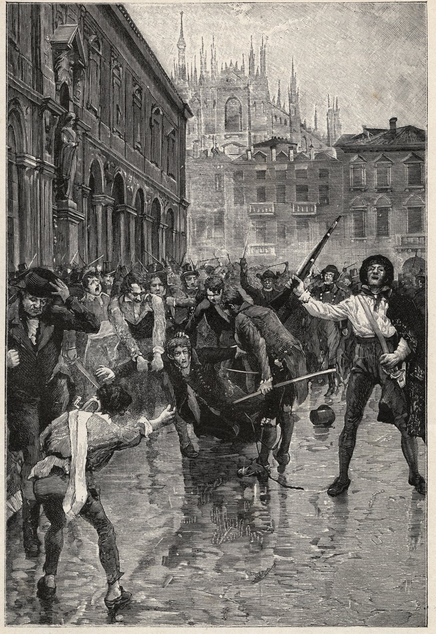 Abdykacja Napoleona zachęca do zamieszek w Mediolanie, a Giuseppe Prina, niepopularny minister finansów, jest ciągnięty po ulicach i ostatecznie zabity przez tłum na Piazza San Fedele w Mediolanie, 20 kwietnia autorstwa Unknown artist