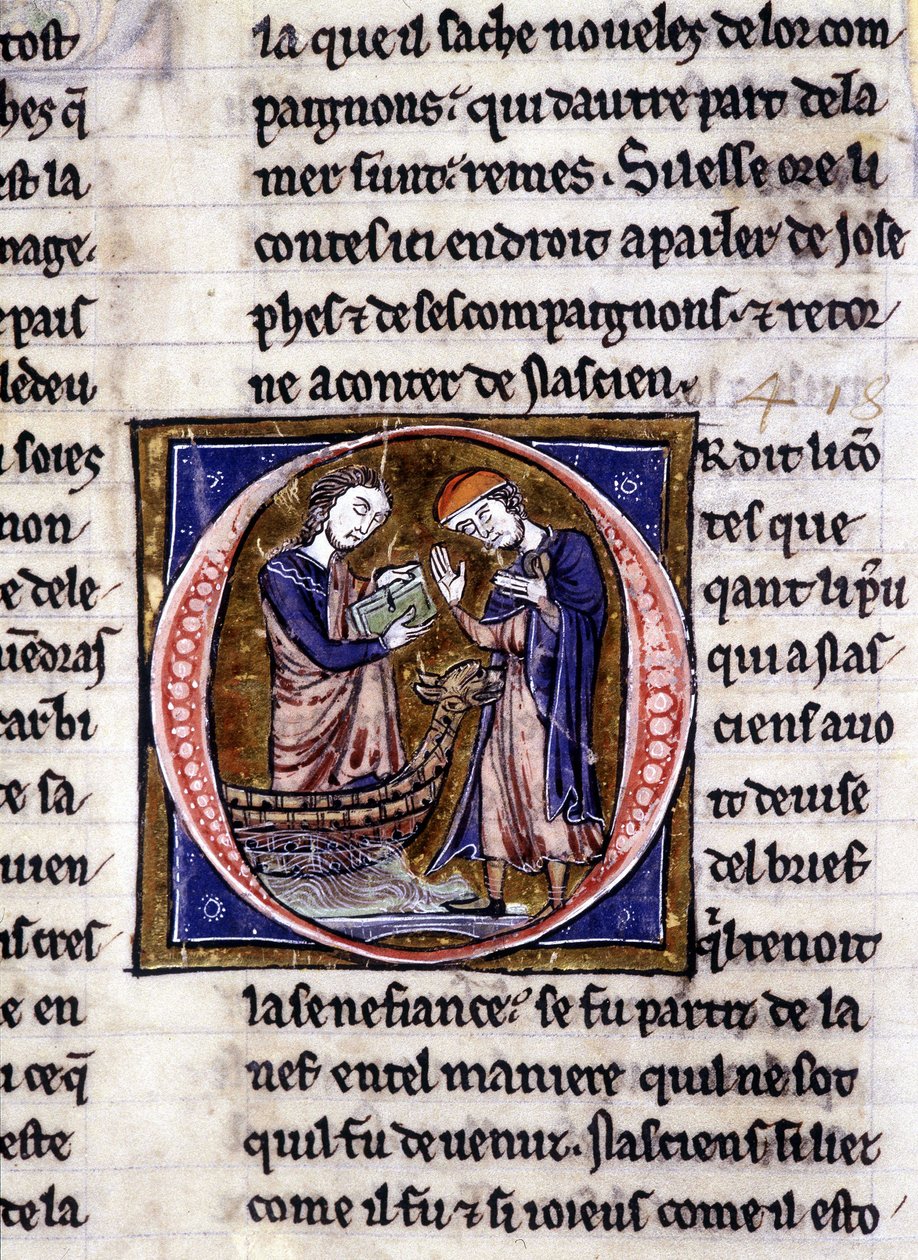 Nascion otrzymuje książkę (?). Rękopis: Conquest of the Saint Gréal, napisany 717 lat po męce naszego Pana. Bibliotheque Municipale de Rennes, ms. 255 (Zbiór powieści Okrągłego Stołu); Paryż autorstwa Unknown artist