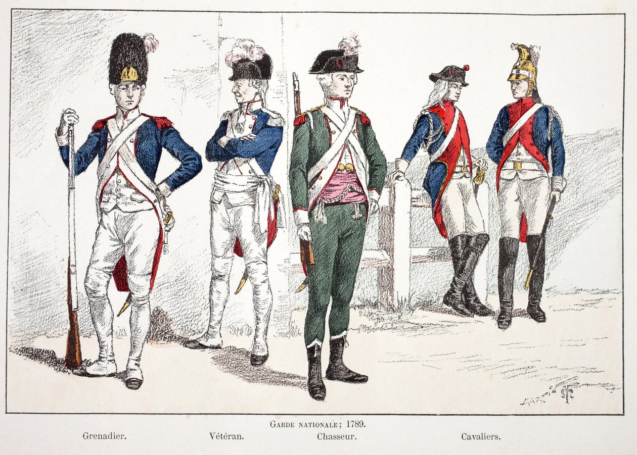 Gwardia Narodowa, 1789, od lewej: grenadier, weteran, myśliwy i jeźdźcy. Akwaforta w kolorach, dla ilustracji „Historia Korpusu Strażników Pokoju””” książka wydana pod patronatem Louisa Lepine