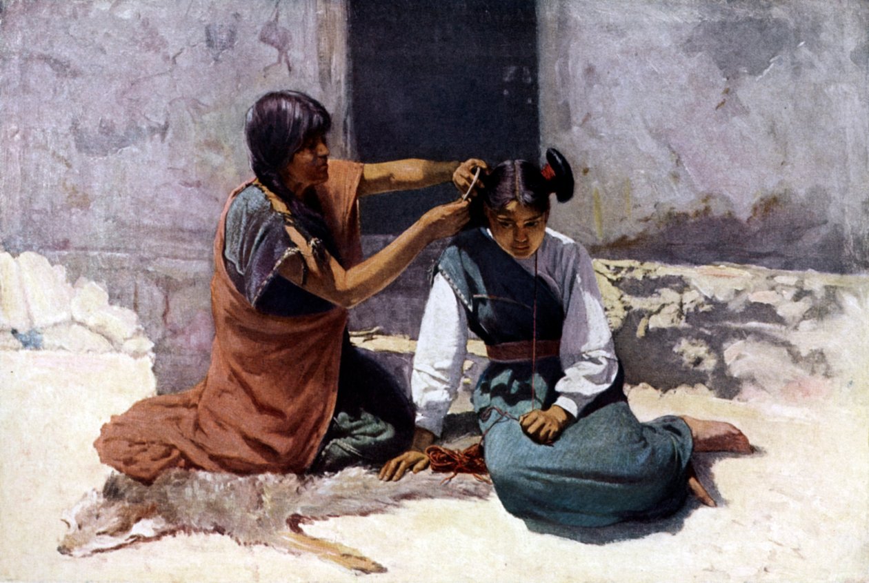 Rdzenno-amerykańska matka z plemienia Hopi czesząca włosy swojej córki w ramach przygotowań do ślubu autorstwa Unknown artist