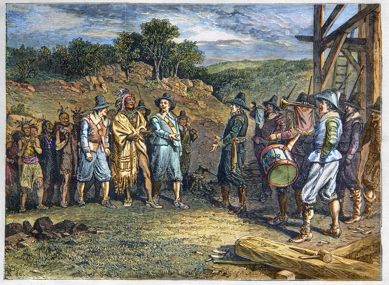 Rdzenna ludność Ameryki: Indianie. Osadnicy spotkali Massasoita (1590-1661) znanego również jako Ousamequin „Żółte Pióro” wodza plemienia Wampanoag, kolonia Plymouth, lata 1620. Przywódca Wampanoag Massasoit odwiedza kolonistów w Plymouth autorstwa Unknown artist