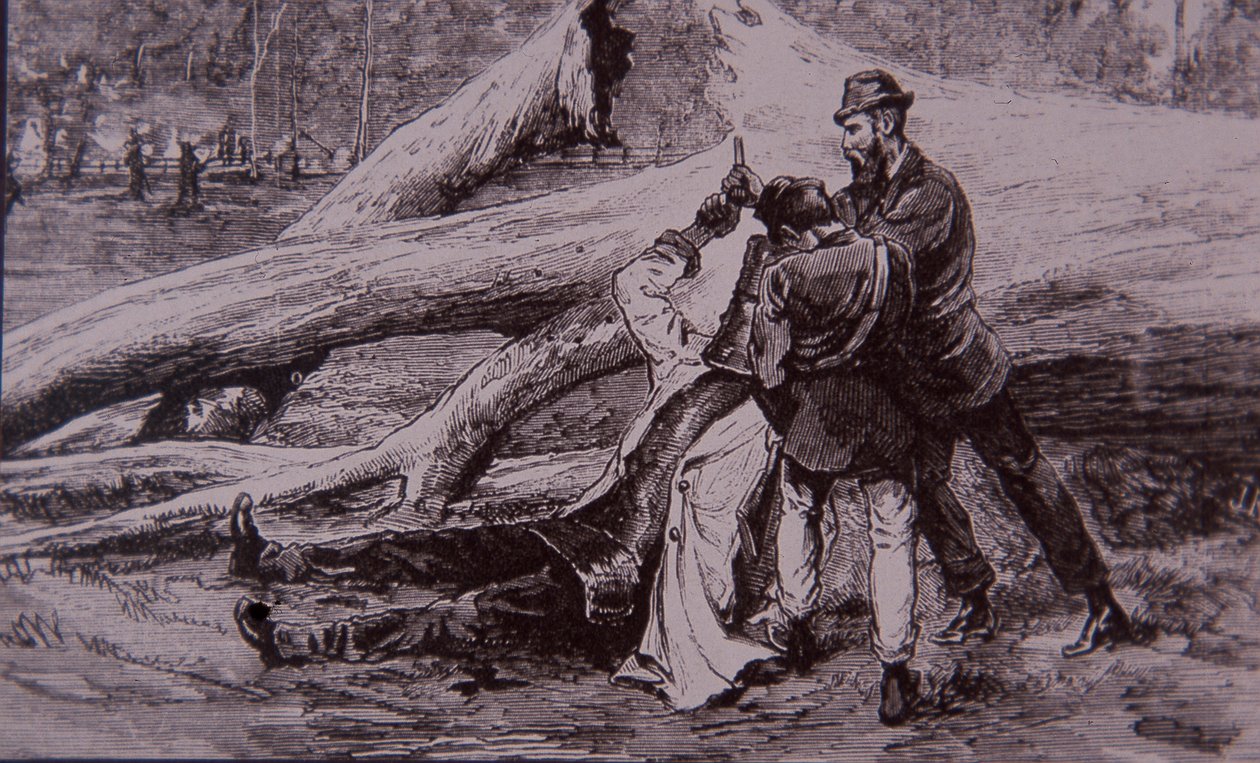 Ned Kelly schwytany przez policjanta Kelly i kolejarza Jesse Dowsett, 28 czerwca 1880 (grawerowanie) autorstwa Unknown artist
