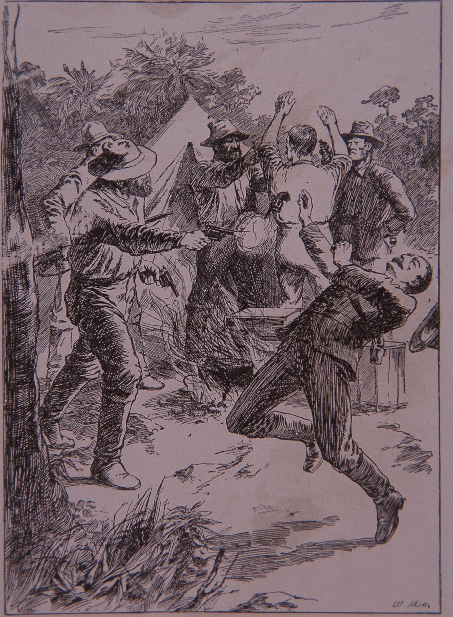 Ned Kelly zabija policjanta Lonigana w Stringybark Creek w 1878 roku (grawerowanie) autorstwa Unknown artist