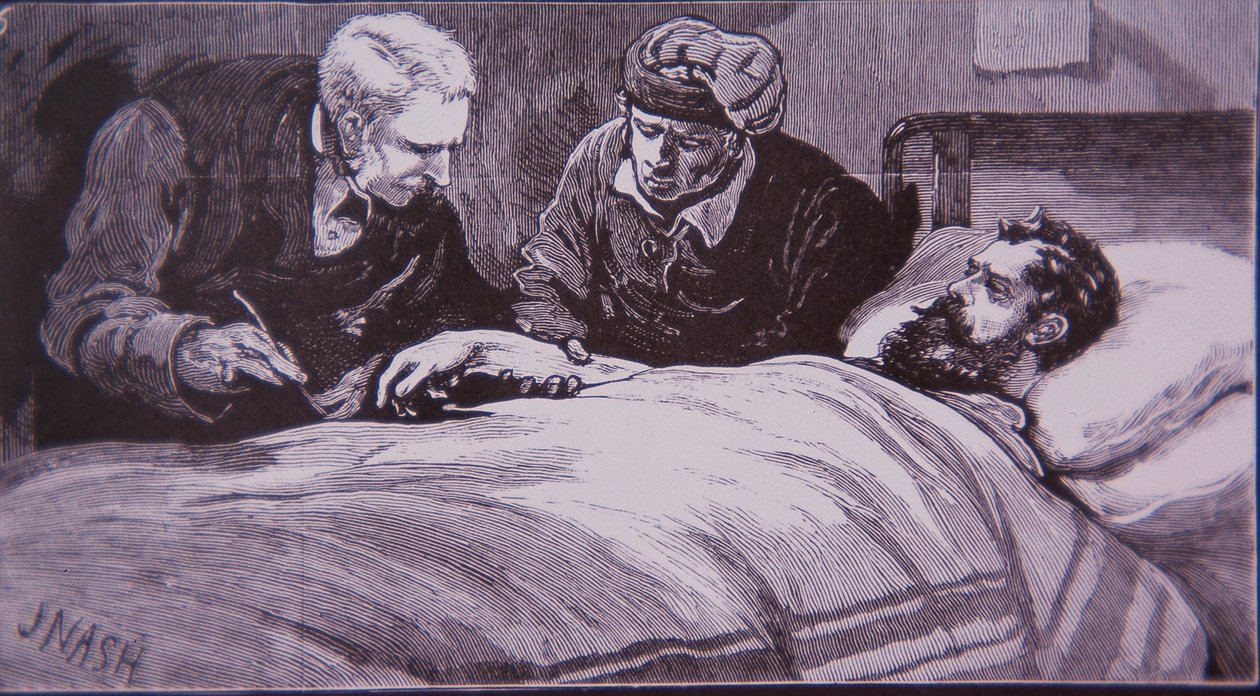 Ned Kelly leży ranny w więziennym szpitalu w Melbourne po schwytaniu przez policję w dniu 28 czerwca 1880 roku (grawerowanie) autorstwa Unknown artist
