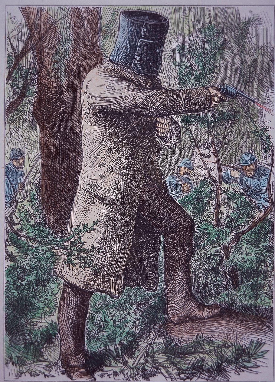 Ned Kelly, ubrany w charakterystyczną zbroję, w ostatecznej konfrontacji z policją, 28 czerwca 1880 (kolorowy grawerunek) autorstwa Unknown artist