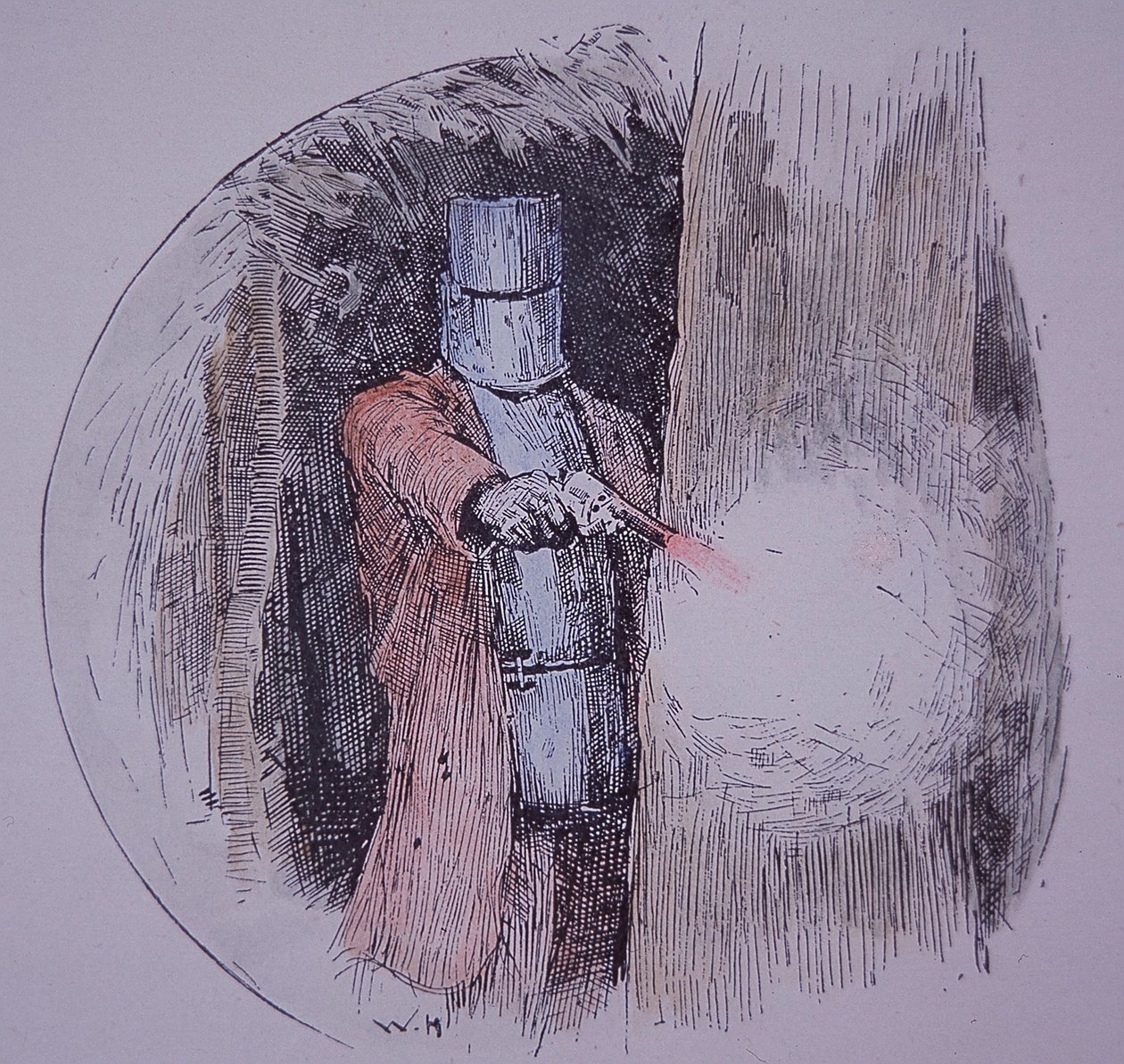Ned Kelly w swojej domowej zbroi, w konfrontacji z policją (ręcznie barwiony grawerunek) autorstwa Unknown artist