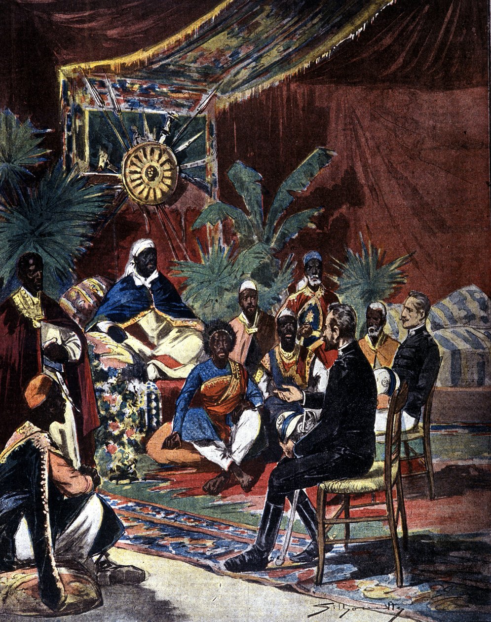 Negocjacje pokojowe z Etiopią po klęsce Włoch w Adoua w 1896 roku. Major Salsa i kapitan Angherà spotkali się z królem Menelikiem II (1844 - 1913) i jego wodzami. Ilustracja prasy Silhouette z końca XIX wieku. autorstwa Unknown artist